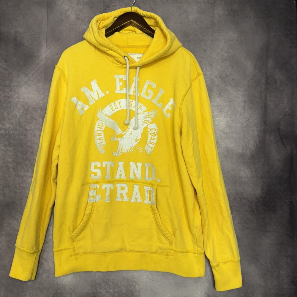 VTG American Eagle Hoodie Mens Large‎ Tall Pullover Yellow Stand Trad